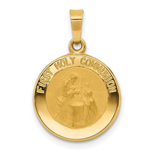 First Holy Communion Words and Religious Figures Hollow Round Charm Pendant in Real 14k Yellow Gold