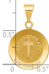 Latin Cross and Confirmation Word Hollow Round Medal Charm Pendant in Real 14k Yellow Gold