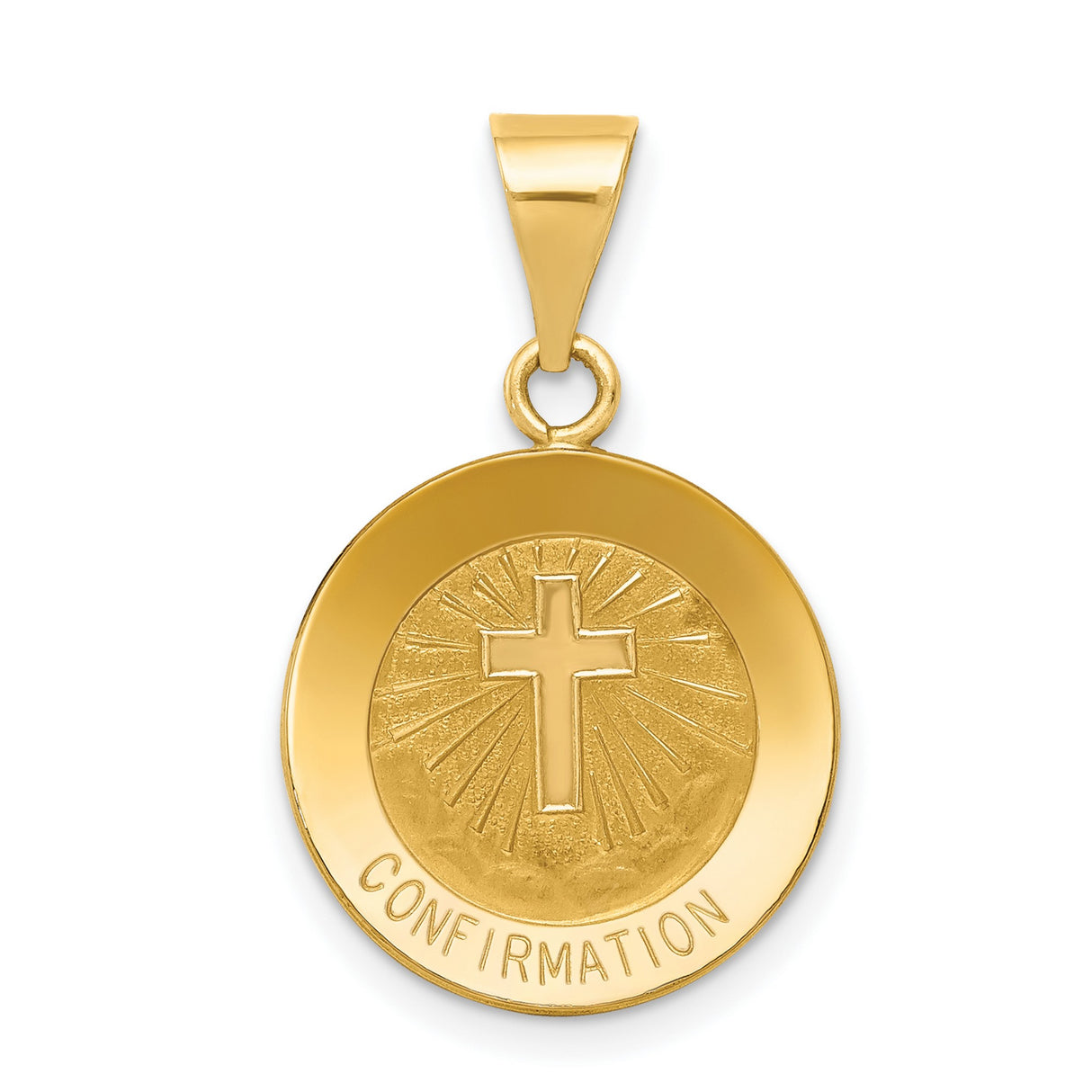 Latin Cross and Confirmation Word Hollow Round Medal Charm Pendant in Real 14k Yellow Gold