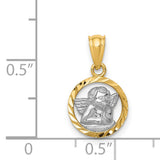 Cherub Angel in Open Round Faceted Border Charm Pendant in Real 14k Multi-Tone Gold