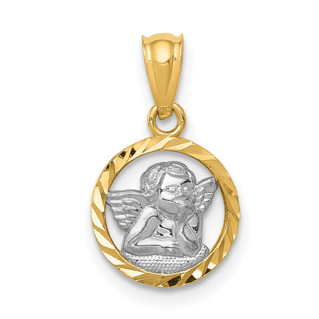 Cherub Angel in Open Round Faceted Border Charm Pendant in Real 14k Multi-Tone Gold