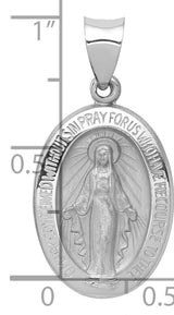14k White Gold Miraculous Medal Pendant Featuring Virgin Mary and Inscription