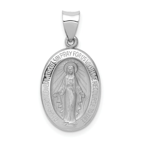 14k White Gold Miraculous Medal Pendant Featuring Virgin Mary and Inscription