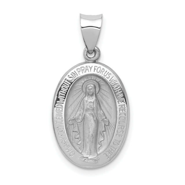 14k White Gold Miraculous Medal Pendant Featuring Virgin Mary and Inscription