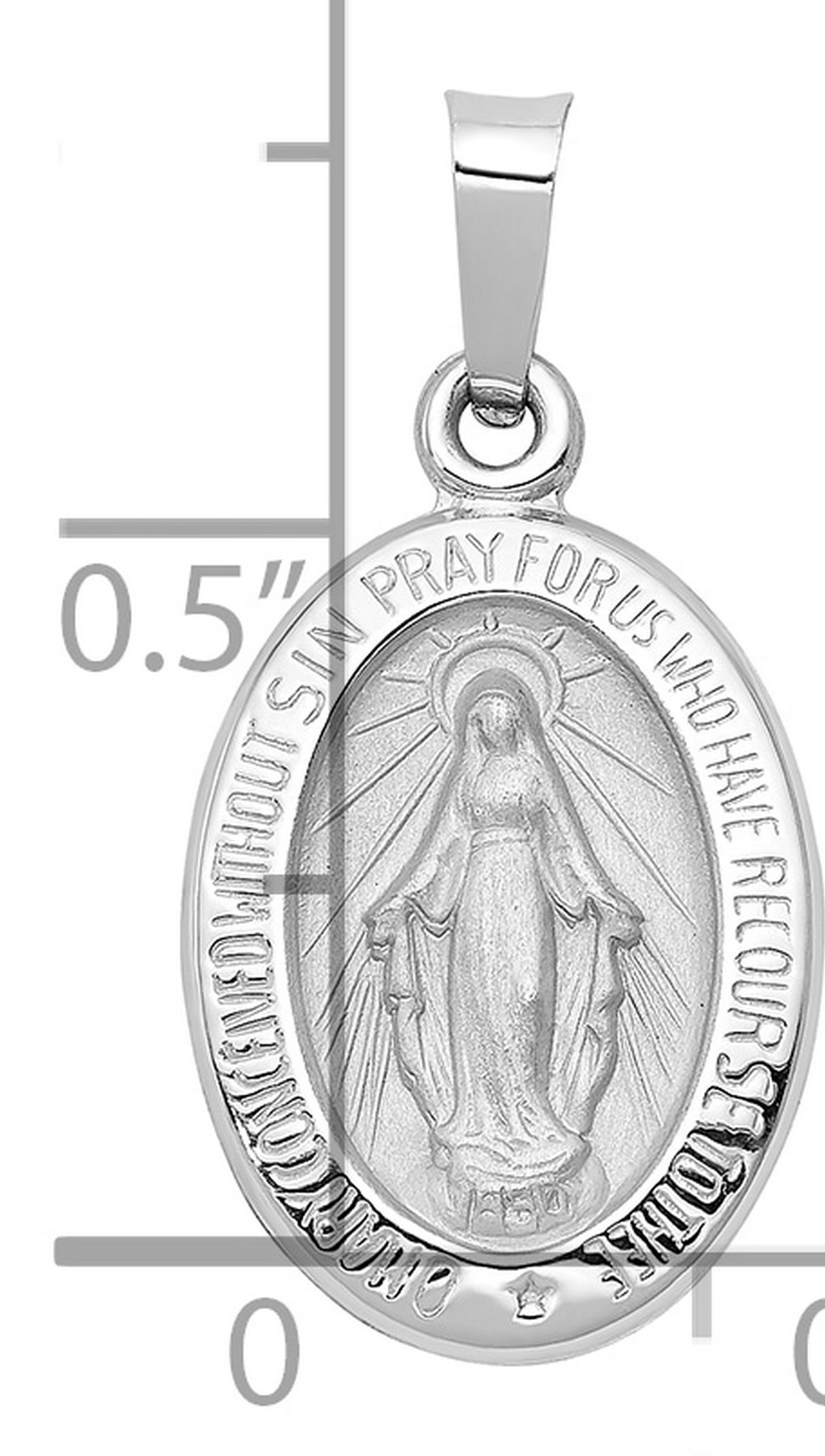 14k White Gold Miraculous Medal Pendant with Virgin Mary and Prayer Text Charm