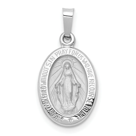 14k White Gold Miraculous Medal Pendant with Virgin Mary and Prayer Text Charm