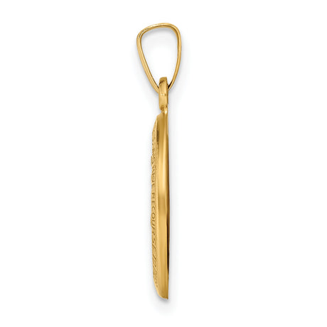 14k Yellow Gold Miraculous Medal Pendant Featuring Virgin Mary with Inscription