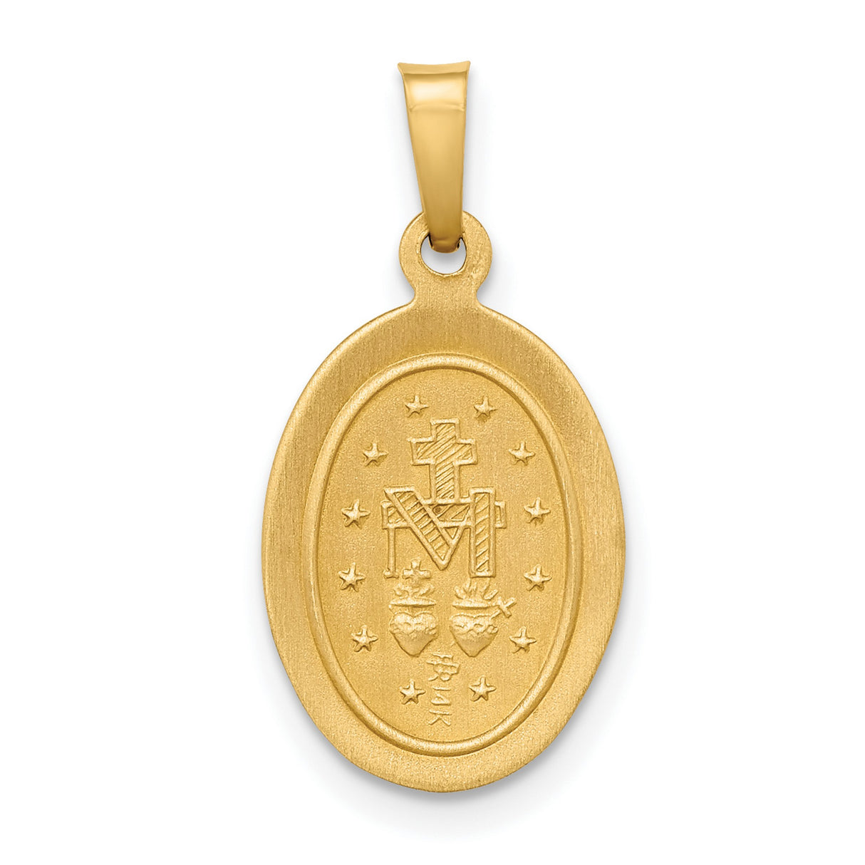 14k Yellow Gold Miraculous Medal Pendant Featuring Virgin Mary with Inscription