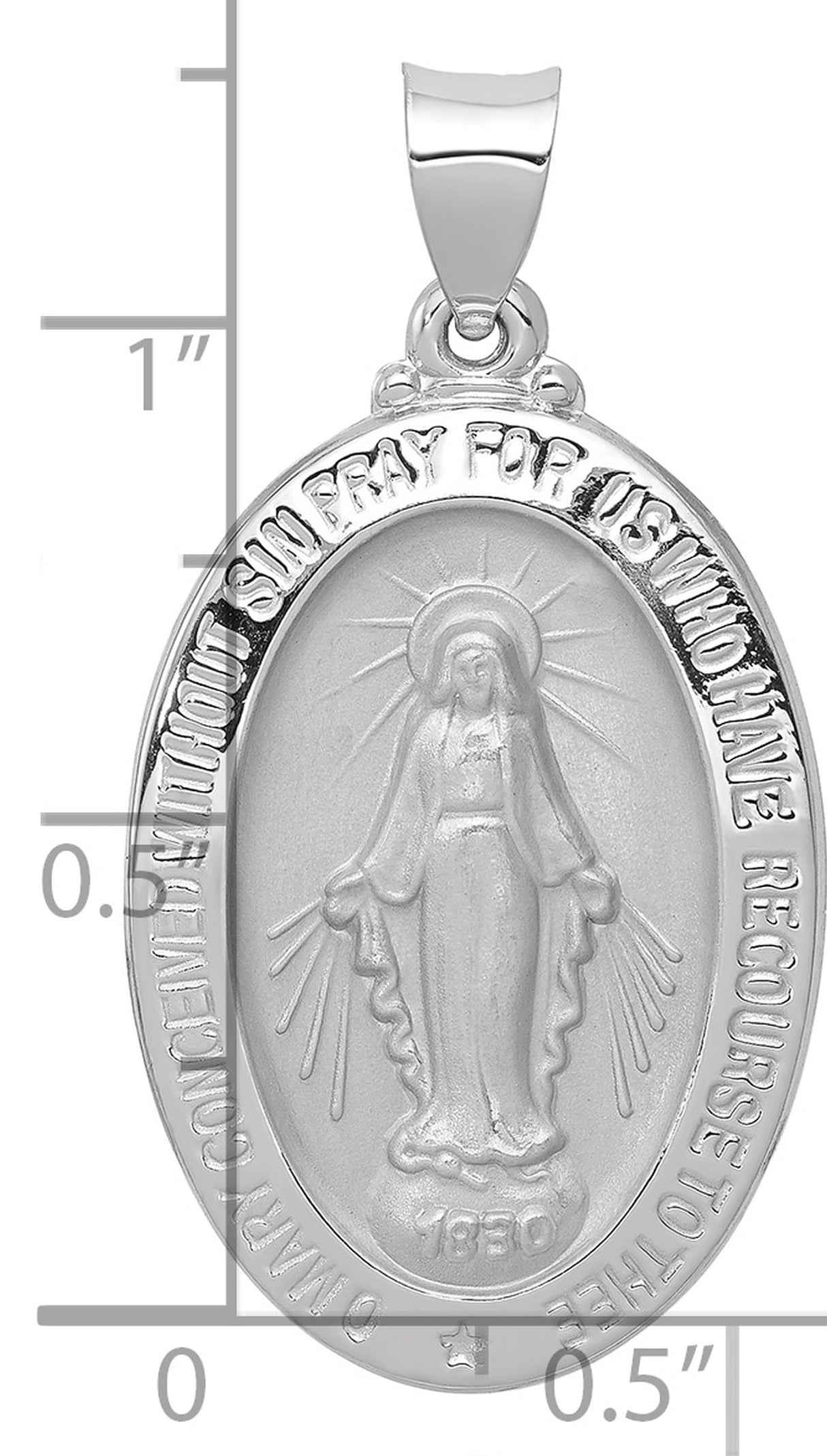 14k White Gold Miraculous Medal Pendant with Virgin Mary Inscription
