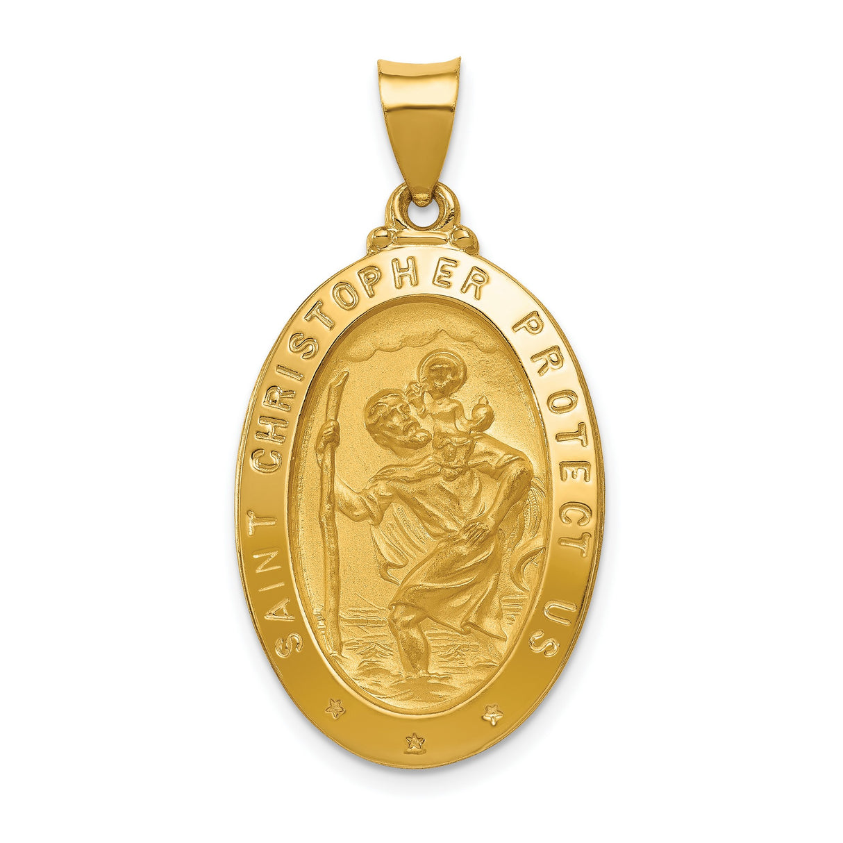 Hollow Saint Christopher Protect Us Words Oval Medal Charm Pendant in Real 14k Yellow Gold