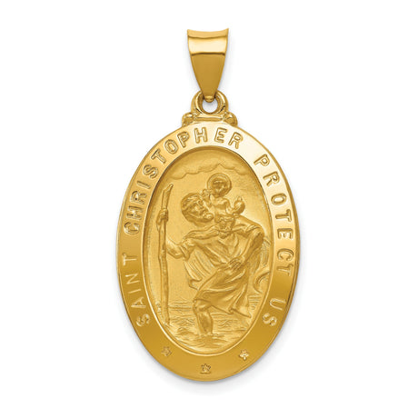 Hollow Saint Christopher Protect Us Words Oval Medal Charm Pendant in Real 14k Yellow Gold