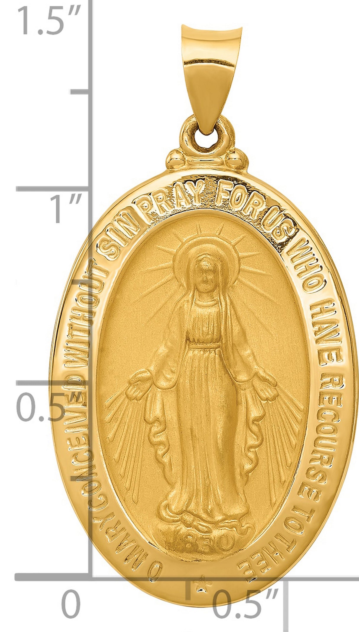 14k Yellow Gold Miraculous Medal Pendant Featuring Virgin Mary and O Mary Inscription