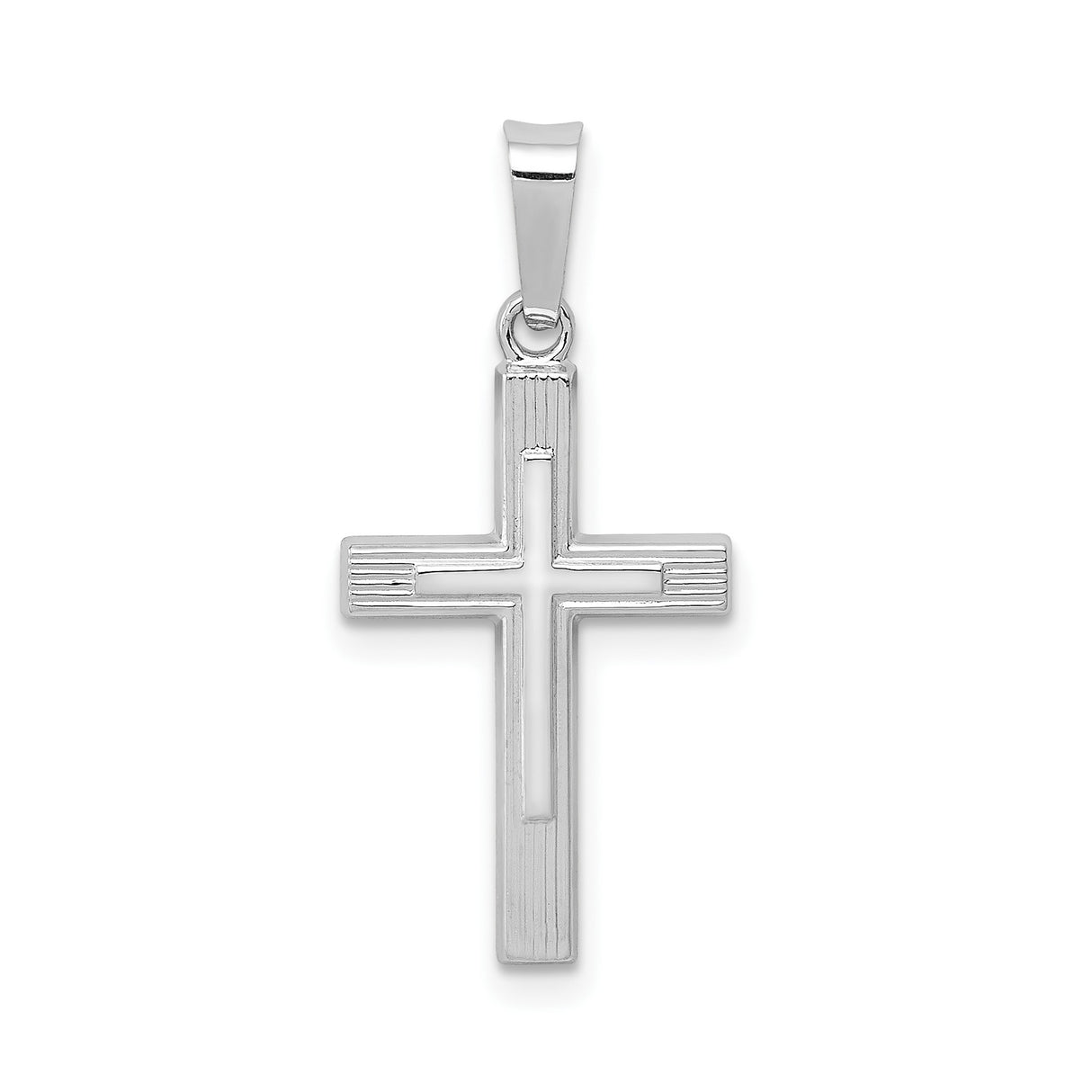 14k White Gold Cross Pendant with Textured Design and Polished Center