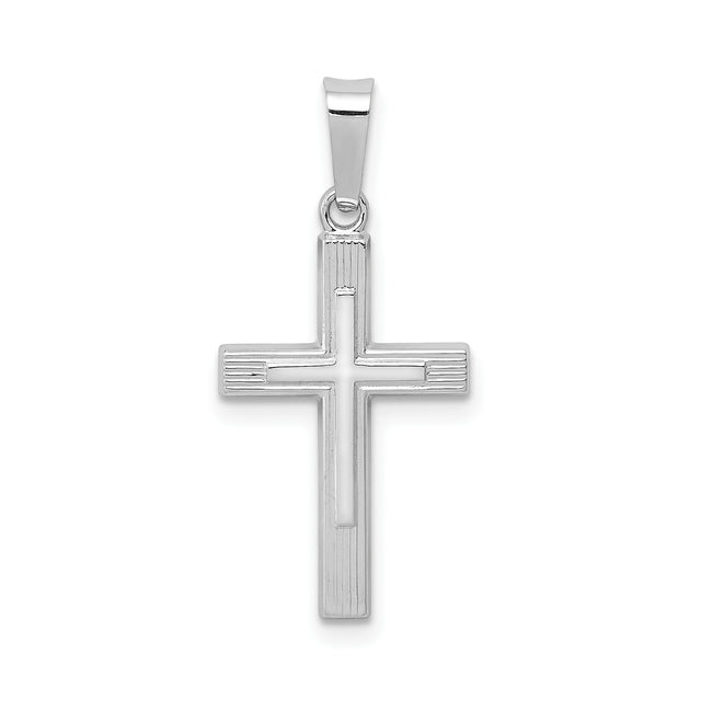 14k White Gold Cross Pendant with Textured Design and Polished Center