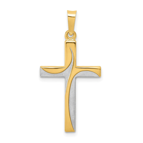 14k Yellow Gold and Rhodium Cross Pendant, Curved Modern Design, Polished and Satin Finish