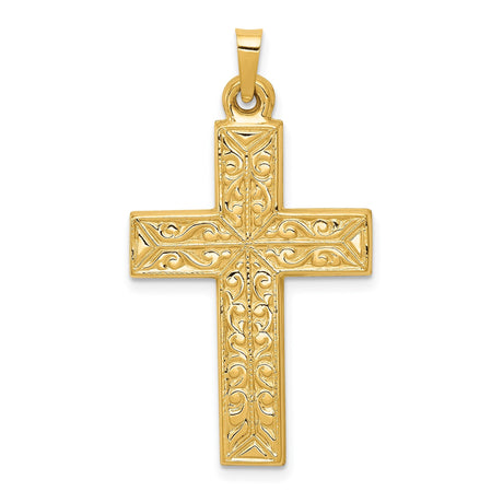 14k Yellow Gold Cross Pendant with Ornate Scrollwork Design, Latin Style Charm