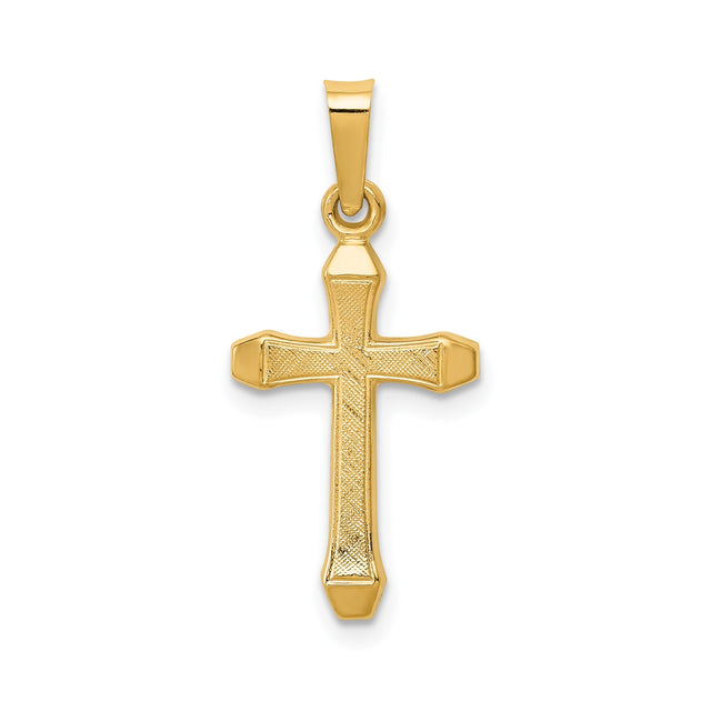 14k Yellow Gold Cross Pendant with Textured Center and Polished Edges, Christian Religious Jewelry