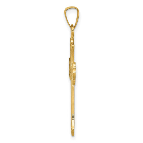 14k Yellow Gold Cross Pendant with Ornate Scroll Design and Textured Accents