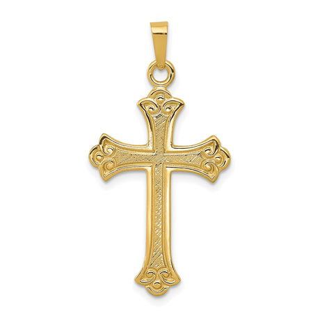 14k Yellow Gold Cross Pendant with Ornate Scroll Design and Textured Accents