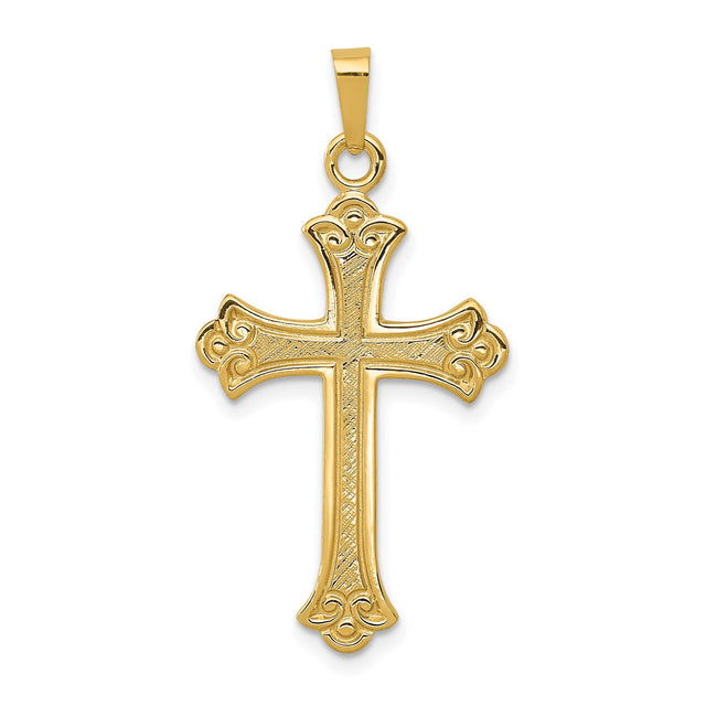 14k Yellow Gold Cross Pendant with Ornate Scroll Design and Textured Accents