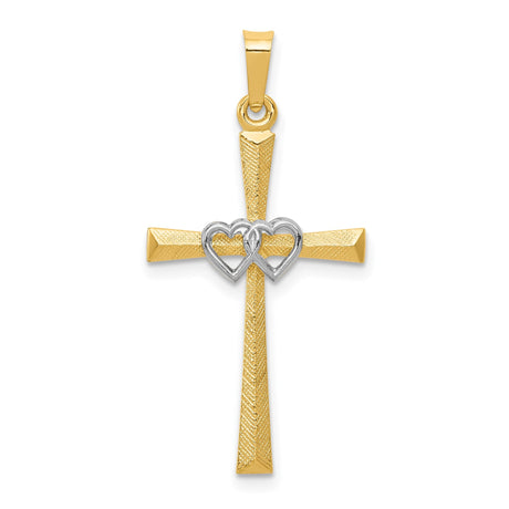 14k Two-Tone Gold Cross Pendant with Interlocking Hearts and Faith & Love Design