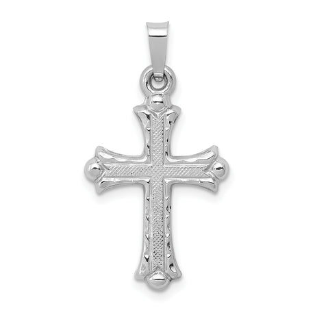 14k White Gold Cross Pendant with Textured Center and Fleur Detailing for Women or Unisex