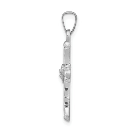14k White Gold Cross Pendant with Diamond Heart, Fleur de Lis, Christian Jewelry for Women