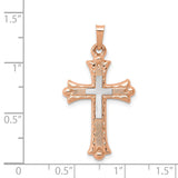 Textured Fleur De Lis Cross With Inset Rhodium Latin Cross Charm Pendant in Real 14k Multi-Tone Gold