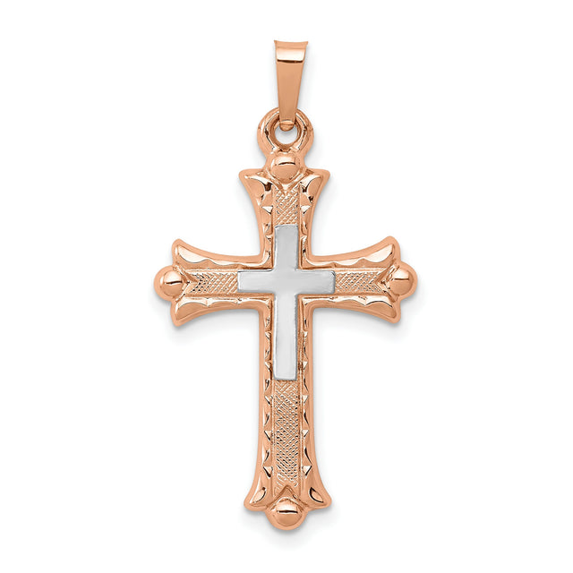 Textured Fleur De Lis Cross With Inset Rhodium Latin Cross Charm Pendant in Real 14k Multi-Tone Gold