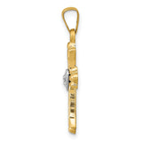 Diamond, Textured, Brushed & Polished Fleur de lis Cross Charm Pendant in Real 14k Multi-Tone Gold