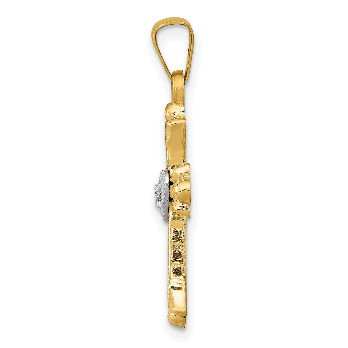 Diamond Textured Brushed and Polished Fleur de lis Cross Charm Pendant in Real 14k Multi-Tone Gold