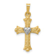 Diamond, Textured, Brushed & Polished Fleur de lis Cross Charm Pendant in Real 14k Multi-Tone Gold
