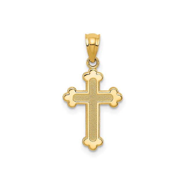 14k Yellow Gold Fleur-de-Lis Cross Pendant with Textured Inlay, Religious Charm