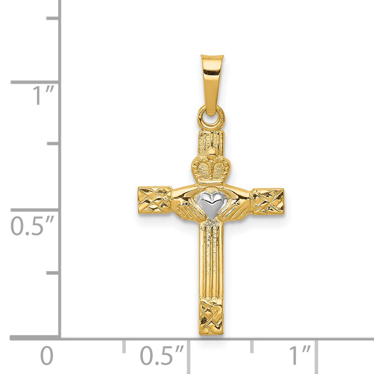 Latin Cross With Claddagh Symbol And Accented Heart Charm Pendant in Real 14k Multi-Tone Gold