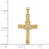 Latin Cross With Claddagh Symbol And Accented Heart Charm Pendant in Real 14k Multi-Tone Gold