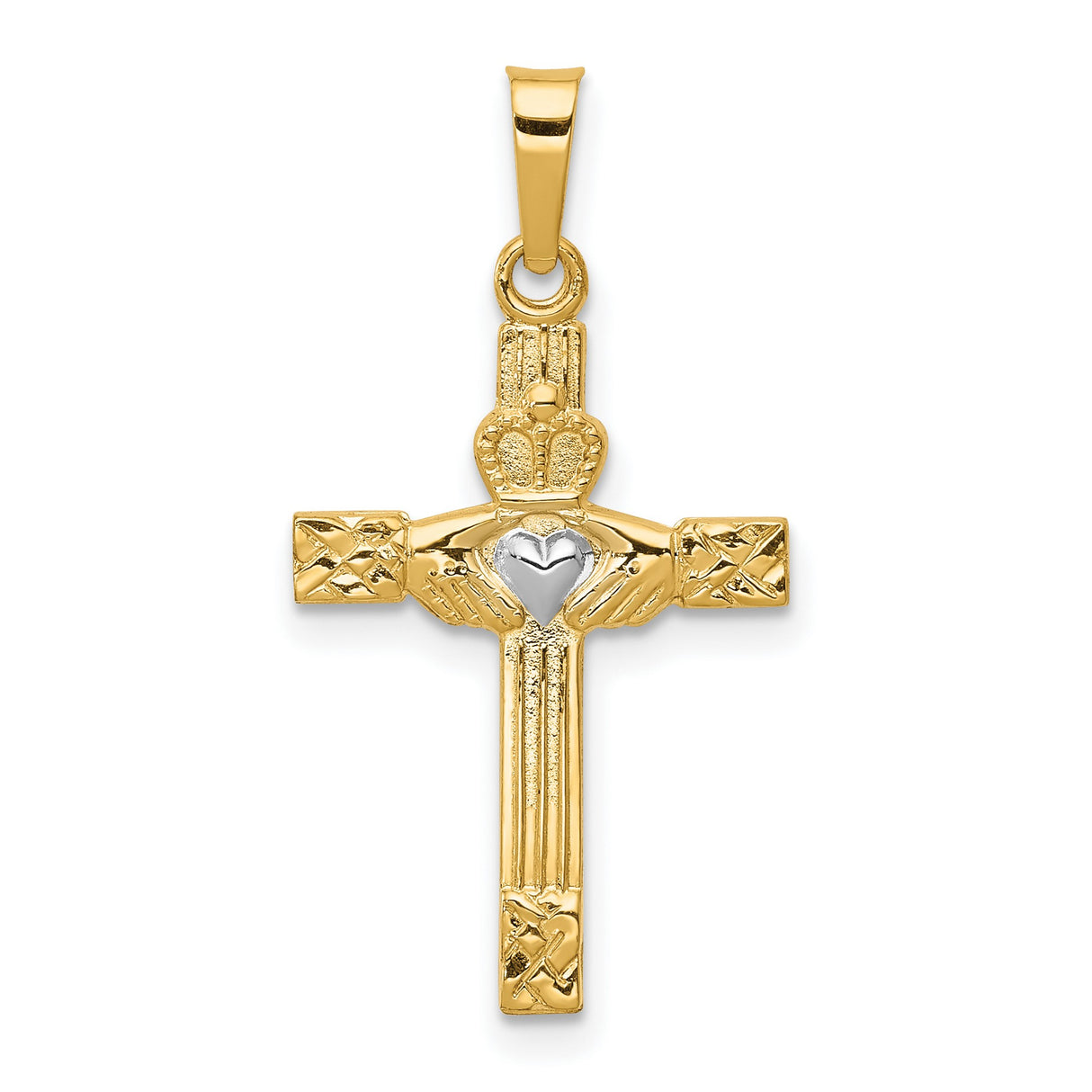 Latin Cross With Claddagh Symbol And Accented Heart Charm Pendant in Real 14k Multi-Tone Gold
