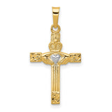 Latin Cross With Claddagh Symbol And Accented Heart Charm Pendant in Real 14k Multi-Tone Gold