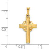 14k Yellow Gold Cross Pendant with Sunburst Center and Textured Border, Religious Charm