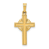 14k Yellow Gold Cross Pendant with Sunburst Center and Textured Border, Religious Charm