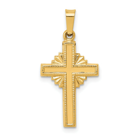 14k Yellow Gold Cross Pendant with Sunburst Center and Textured Border, Religious Charm