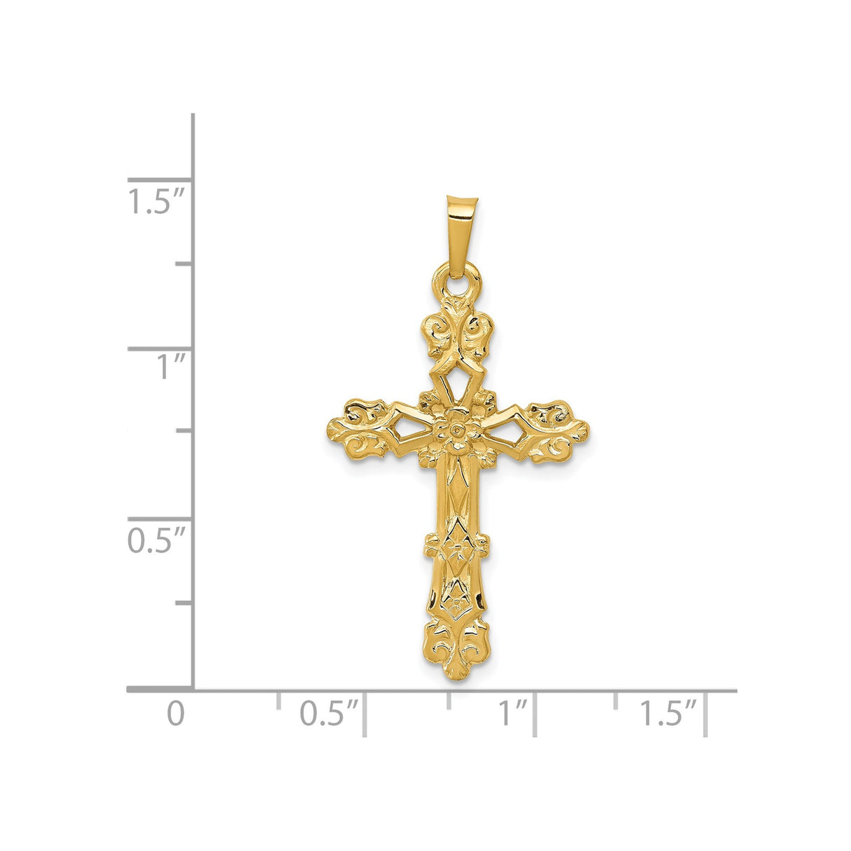 14k Yellow Gold Cross Pendant with Ornate Filigree and Floral Scrollwork Design