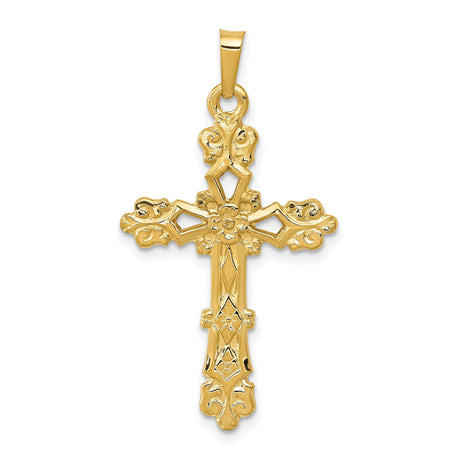 14k Yellow Gold Cross Pendant with Ornate Filigree and Floral Scrollwork Design