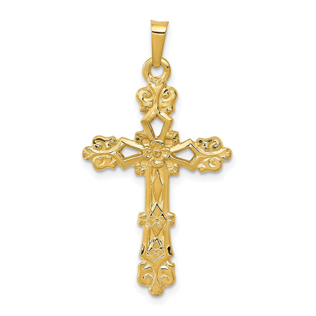 14k Yellow Gold Cross Pendant with Ornate Filigree and Floral Scrollwork Design