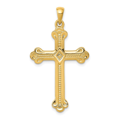 14k Yellow Gold Budded Cross Pendant with Diamond Accent, Ornate Christian Design