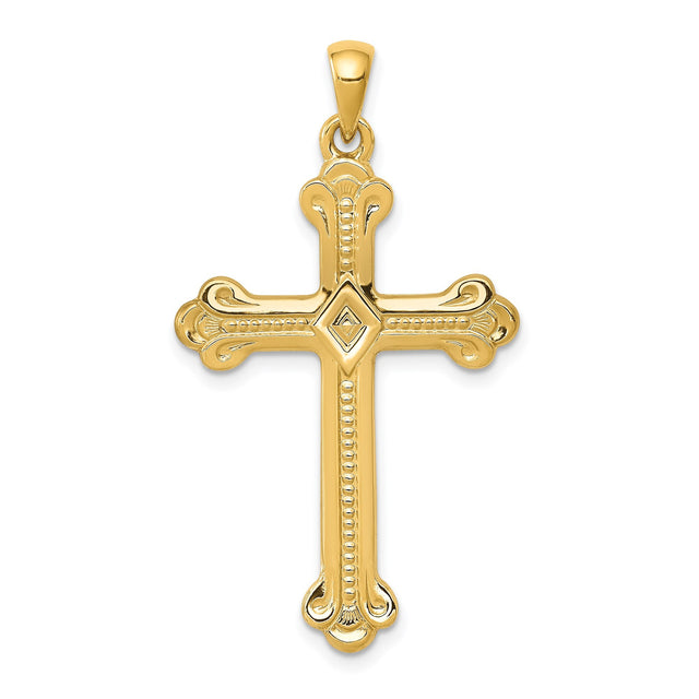 14k Yellow Gold Budded Cross Pendant with Diamond Accent, Ornate Christian Design
