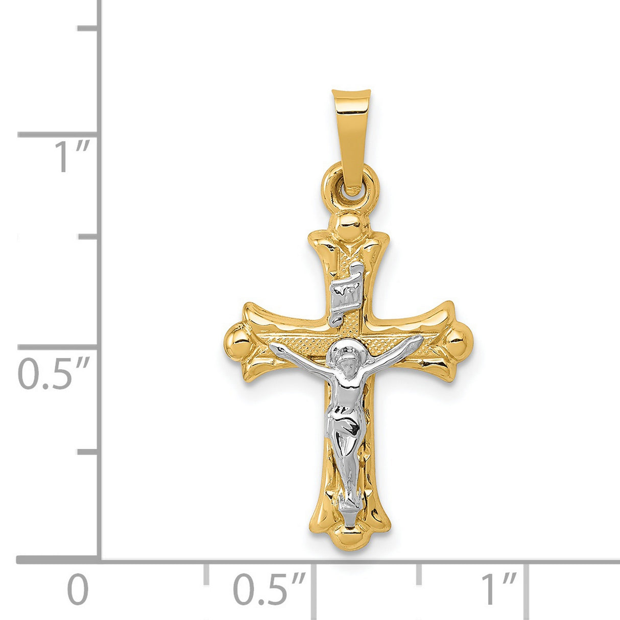 Polished INRI Fleur De Lis Crucifix Charm Pendant in Real 14k Multi-Tone Gold