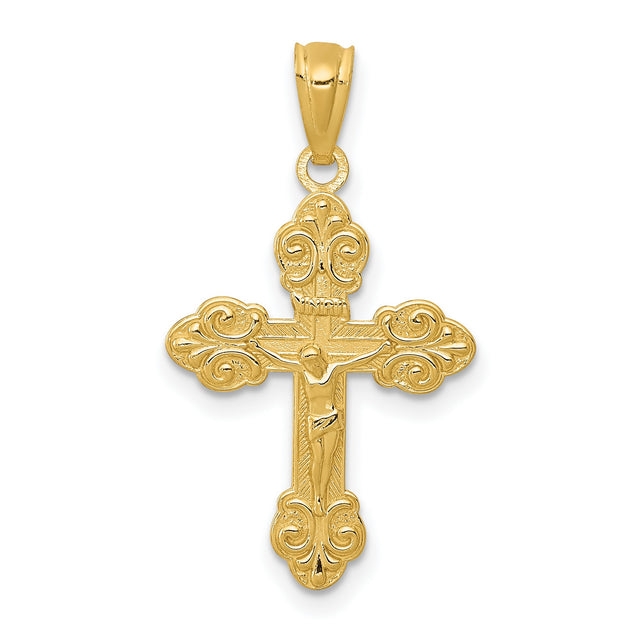 Polished INRI Fleur De Lis Crucifix Charm Pendant in Real 14k Yellow Gold