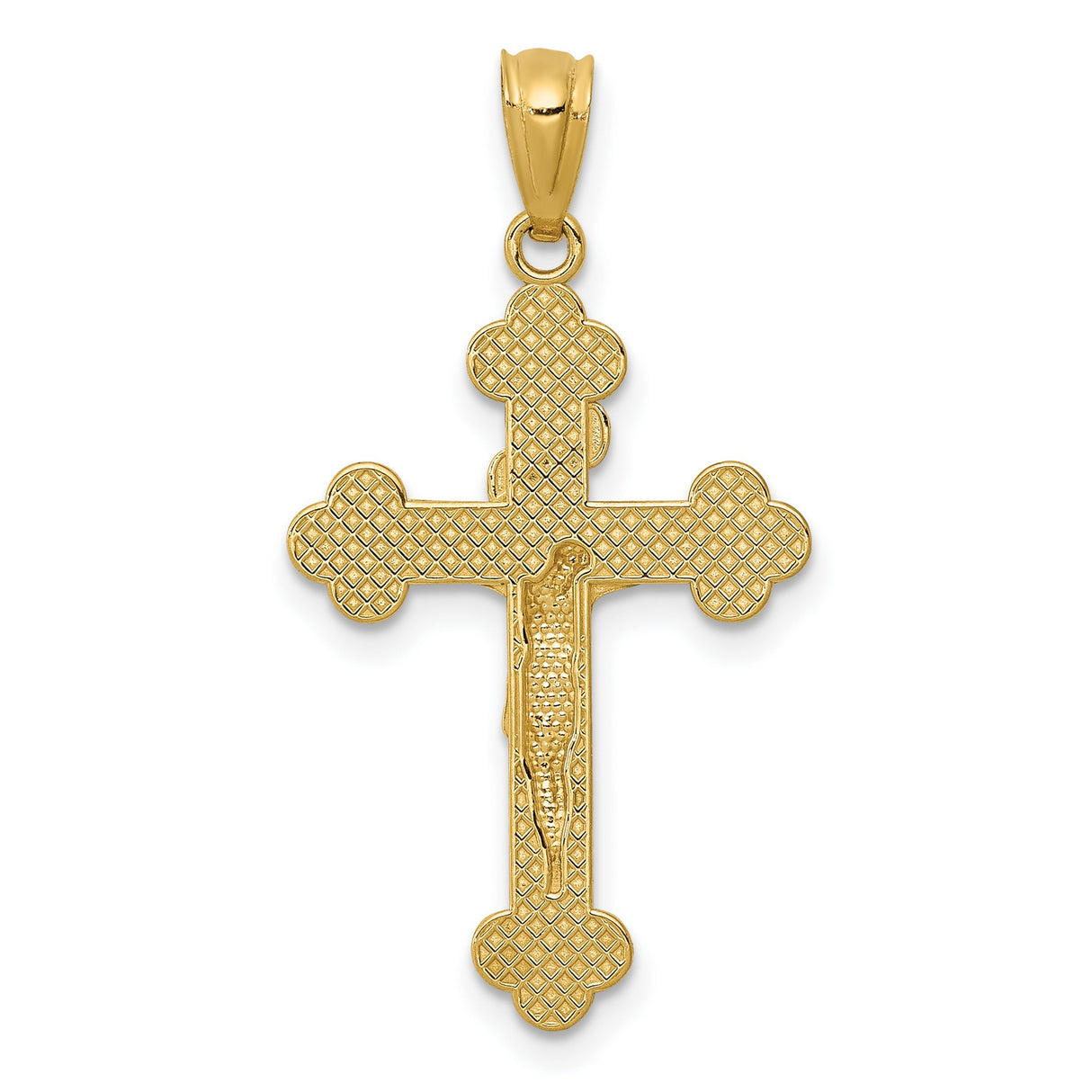 Polished INRI Budded Fleur De Lis Crucifix Charm Pendant in Real 14k Yellow Gold