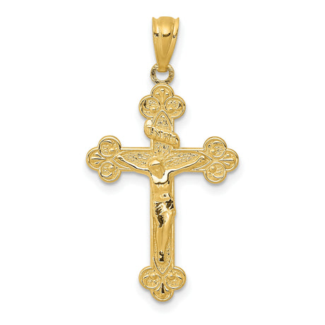 Polished INRI Budded Fleur De Lis Crucifix Charm Pendant in Real 14k Yellow Gold