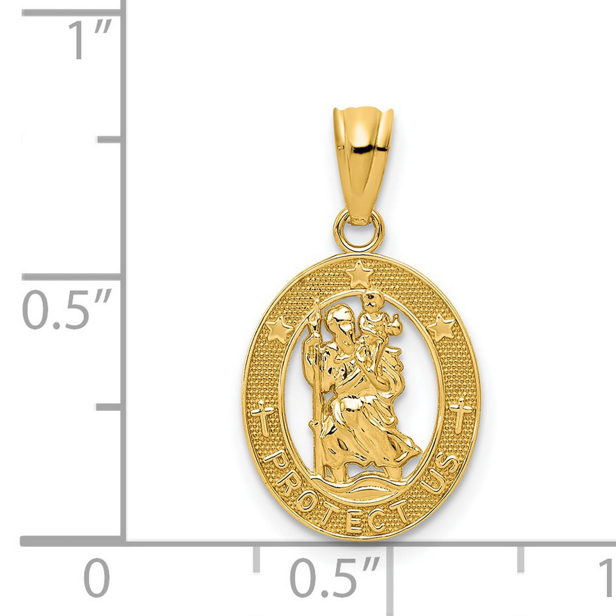 Saint Christopher Protect Us Words Cut-Out Oval Medal Charm Pendant in Real 14k Yellow Gold